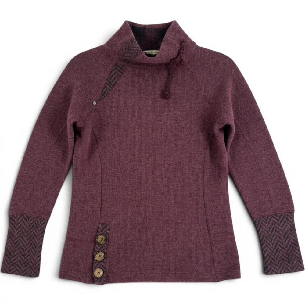 Prana Lucia Cowl Neck Wool Blend Sweater Plum Purple XS Asymmetrical Button Trim